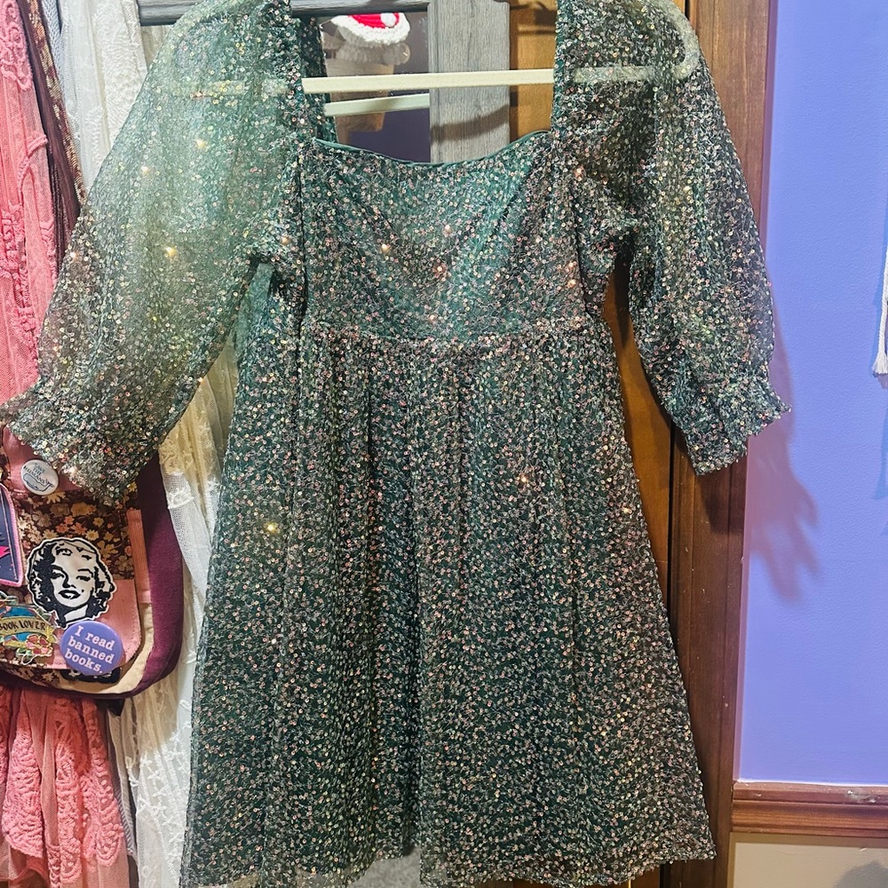 Emerald Sundae Altar’d State Mini Party Dress Sparkle Green & Gold S - Picture 2 of 16